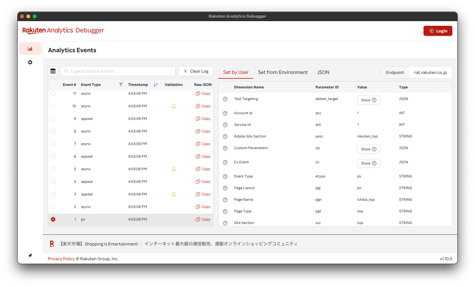 Analytics Events Tab