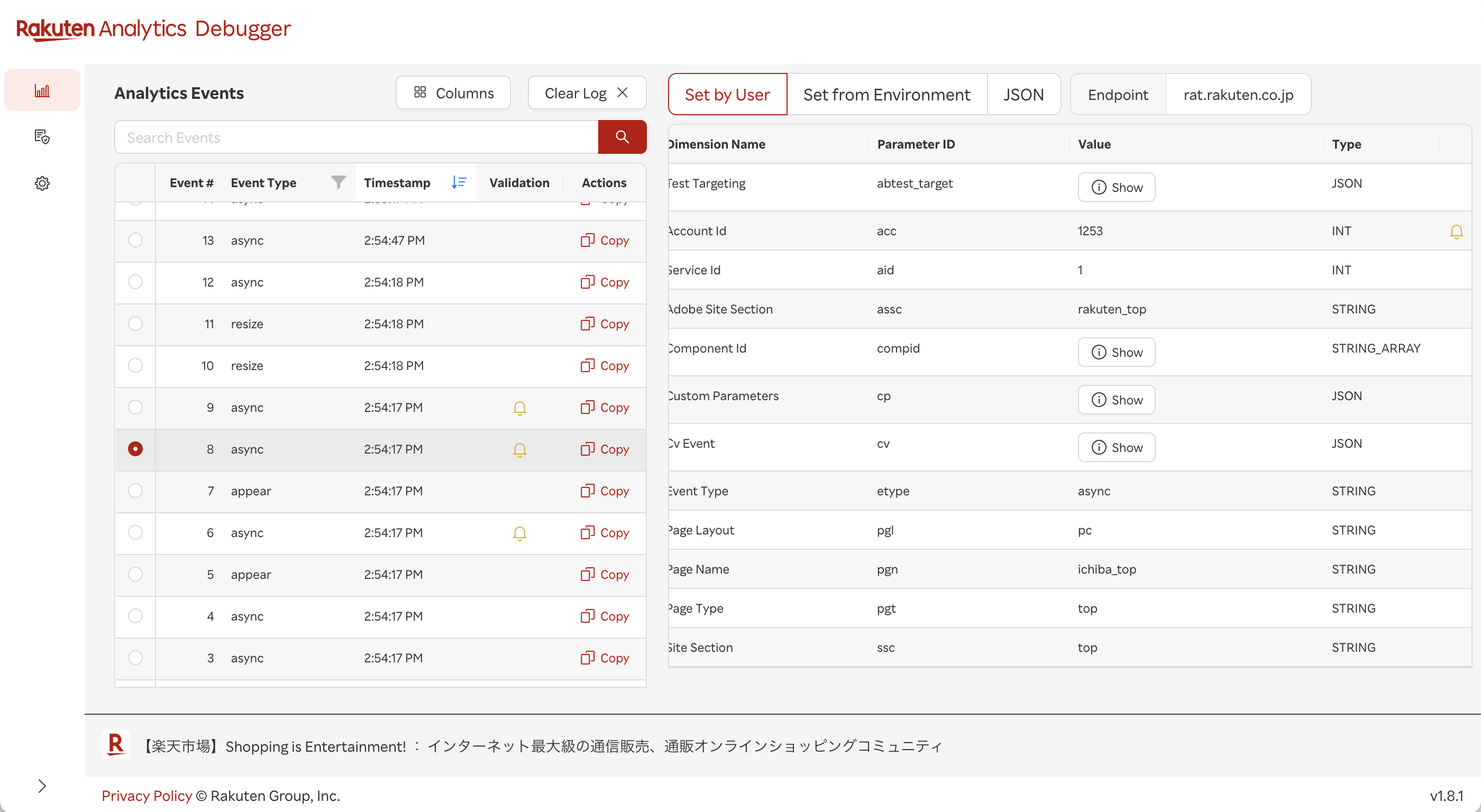 Analytics Events タブ